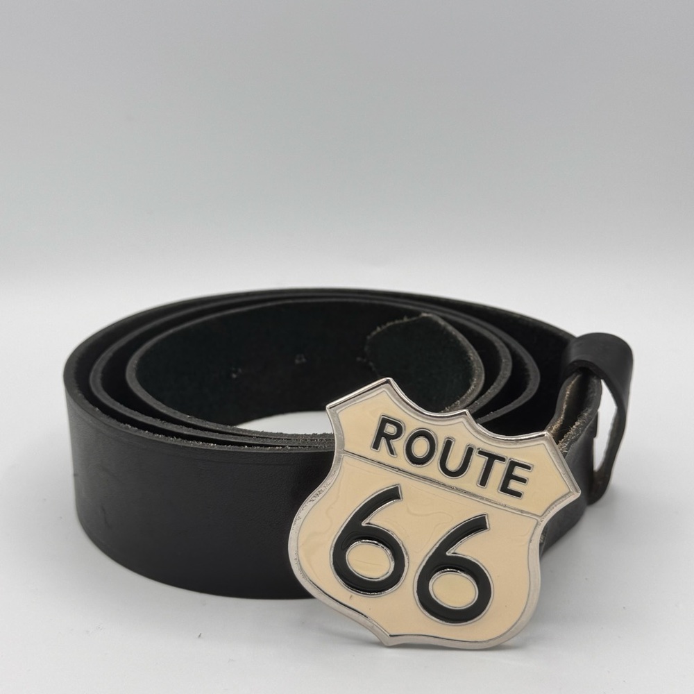 Vintage Black Leather Belt with Y2K Route 66 Enamel Buckle Fits 35–43”